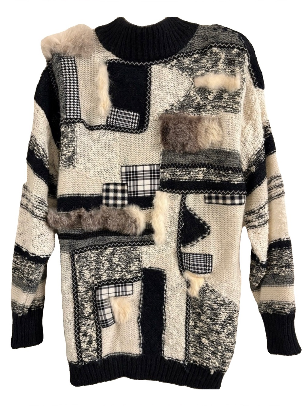 Vintage Mariea Kim Patchwork Knit Sweater Sz M Wool Fur Eclectic Grandpa Core